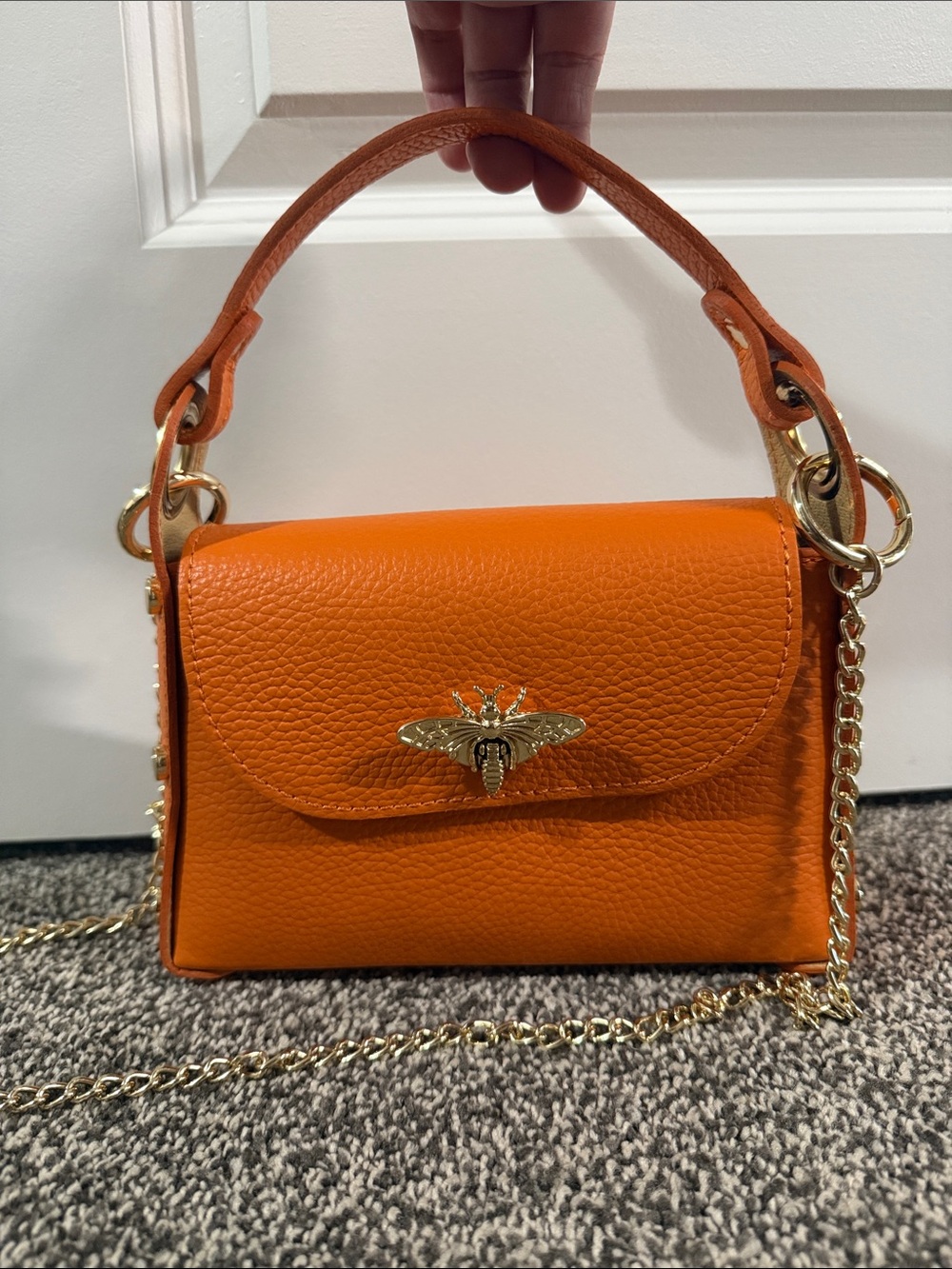Italian Genuine Leather Golden Mini Bee Crossbody Purse, Orange